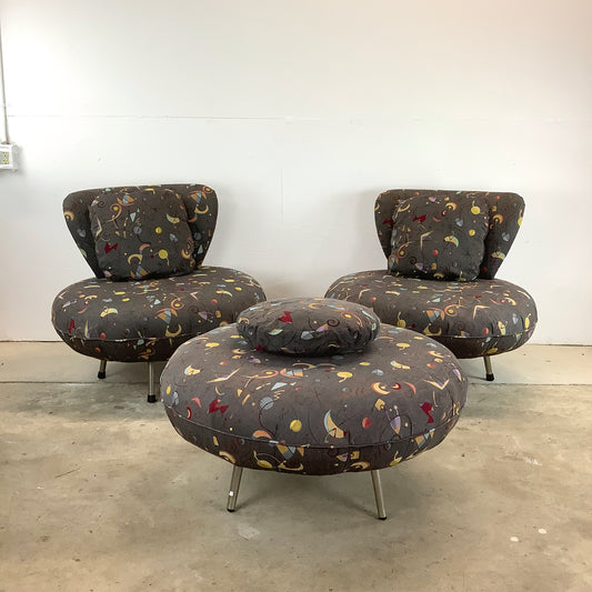 Pair Modern Swivel Disc Chairs With Ottoman