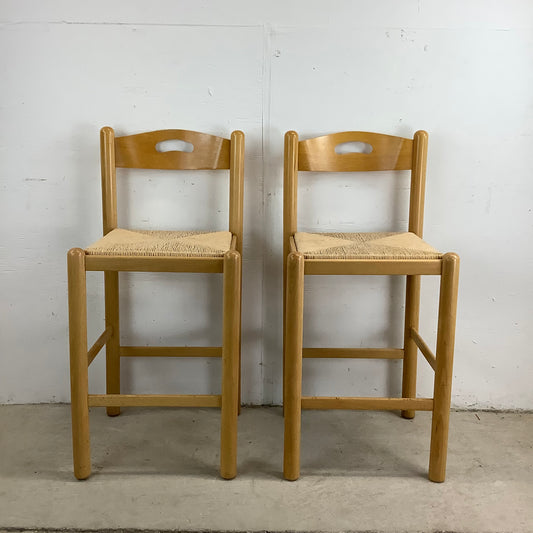 Pair Vintage Modern Rope Seat Counter Stools- Made in Italy