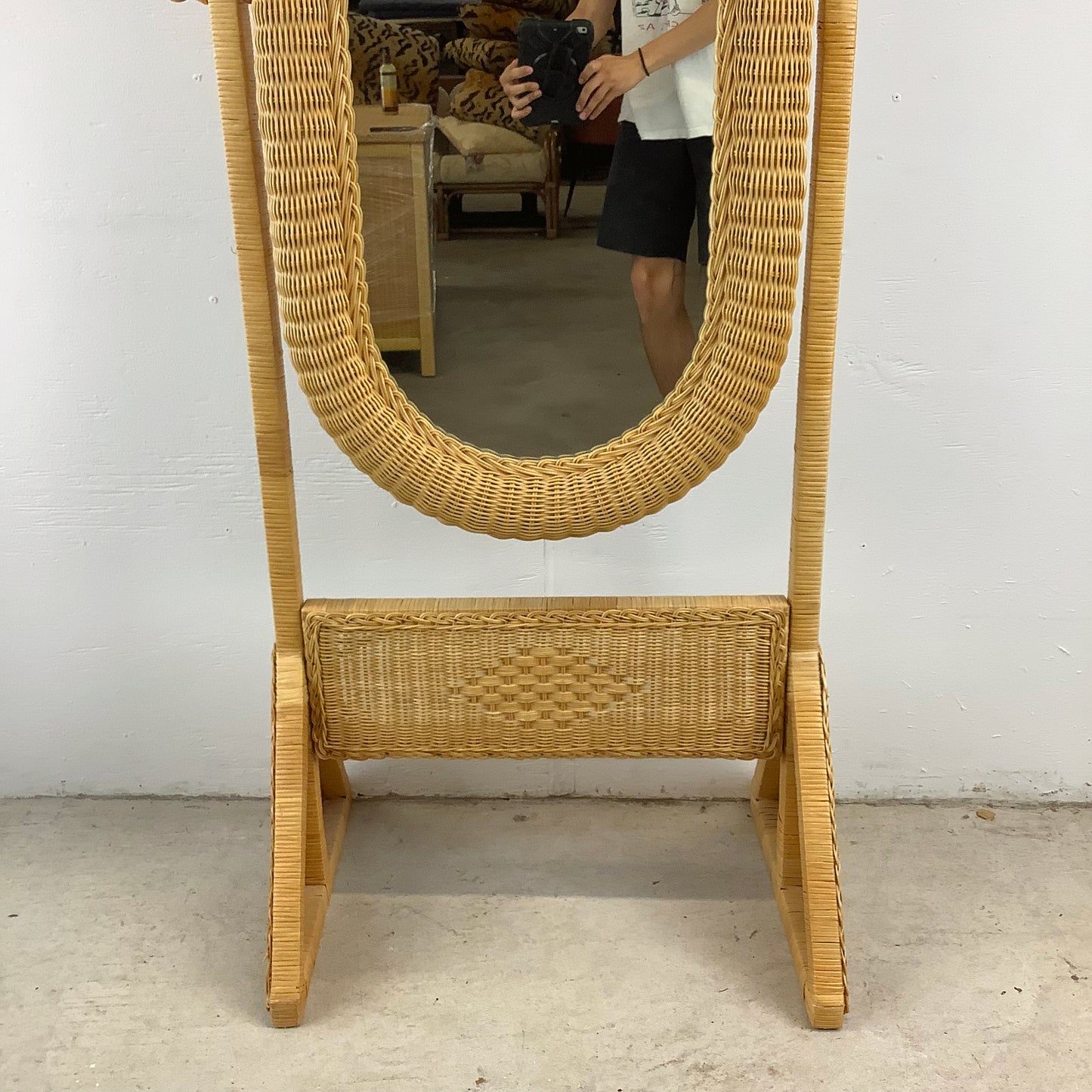 Vintage Wicker Cheval Style Floor Mirror