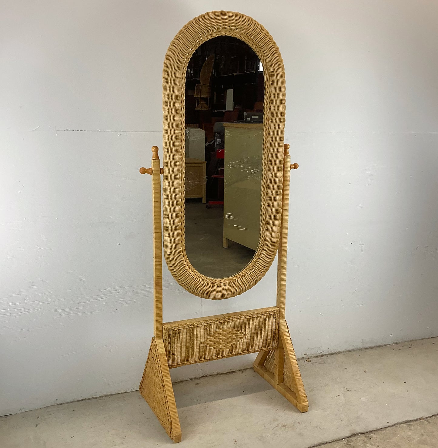 Vintage Wicker Cheval Style Floor Mirror