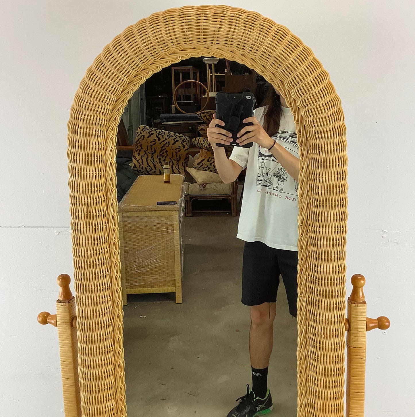 Vintage Wicker Cheval Style Floor Mirror