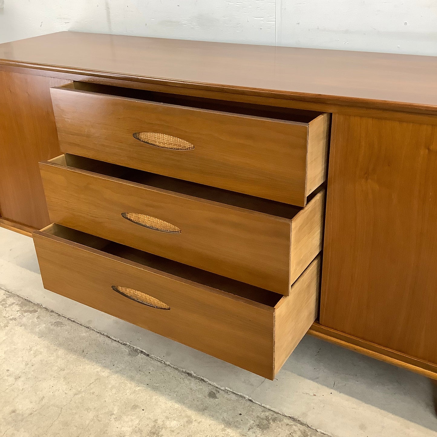 Large Mid-Century Walnut and Cane Dresser by Cavalier Furniture
