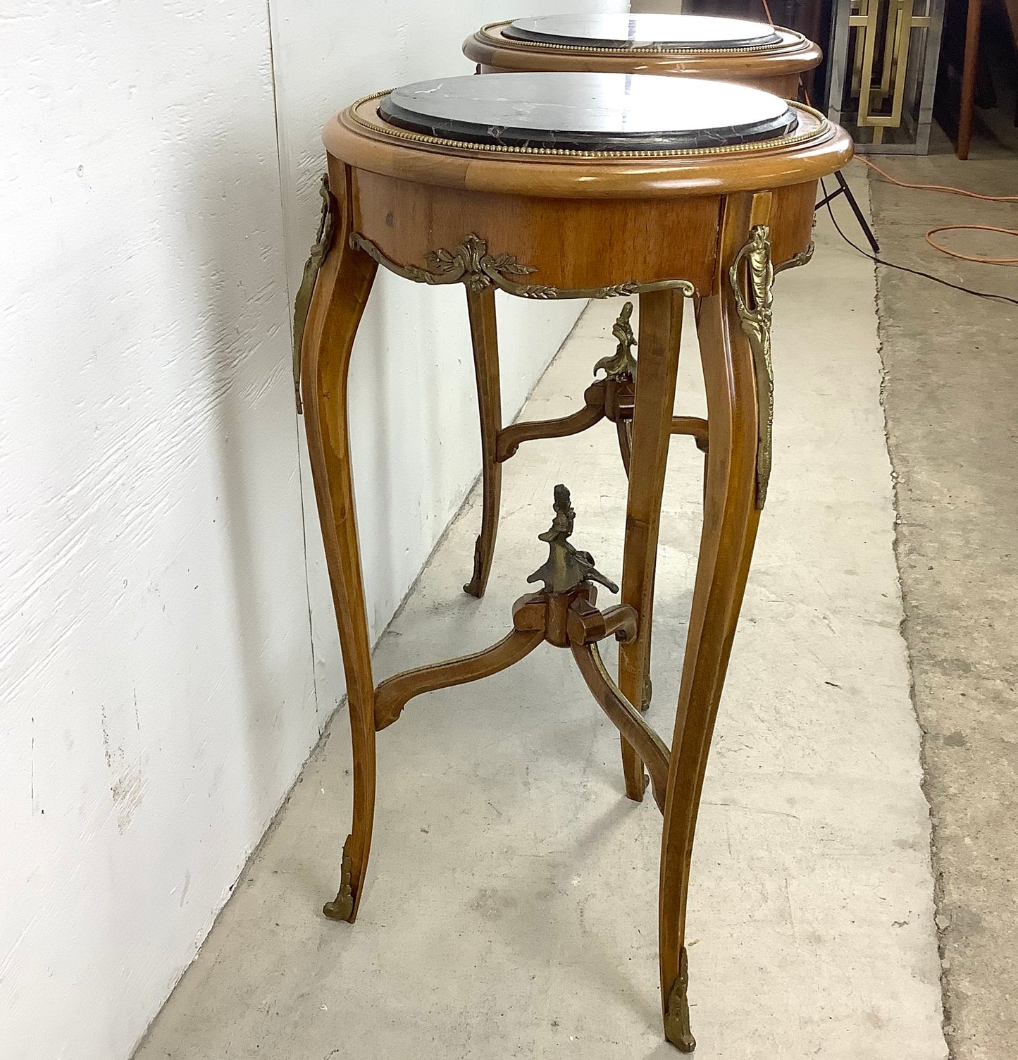 Pair of Vintage Louis XV Style Stone Top Side Tables with Ornate Detail